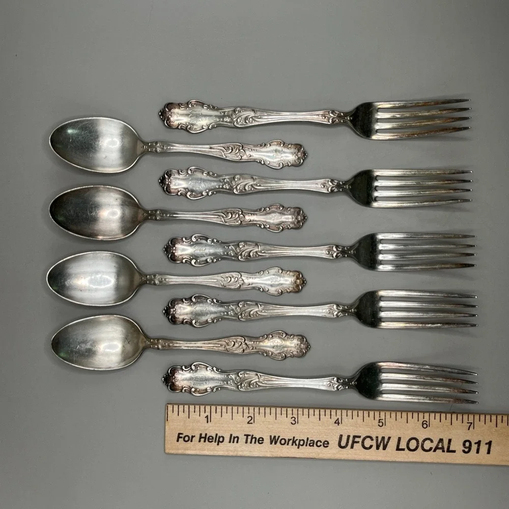Vtg Rogers & Hamilton XII Tudor Silver Plate 9 Pc 5 Forks 4 Spoons M Monogram